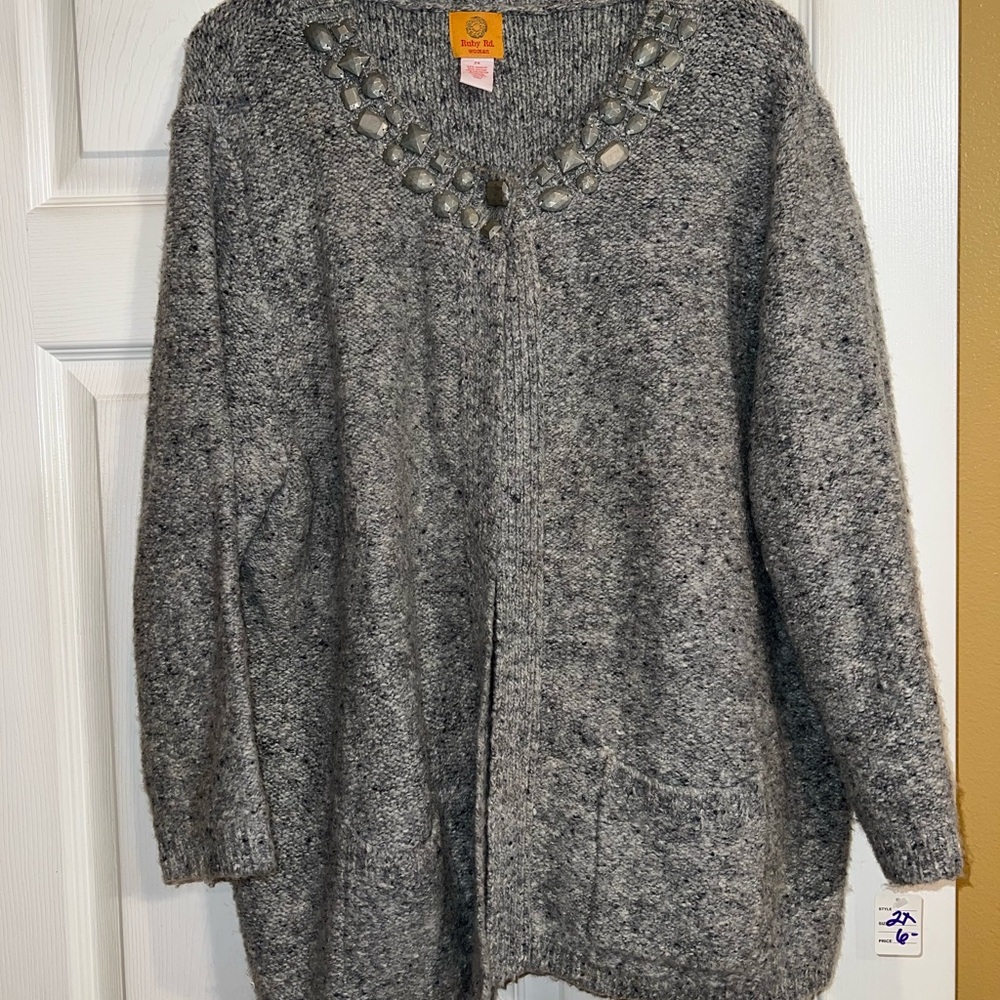 Ruby Rd. Gray Knit Cardigan with Embellished Neckline